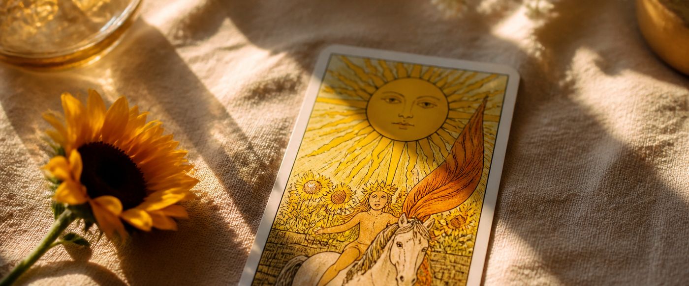 Luce dorata del sole su carte dei tarocchi