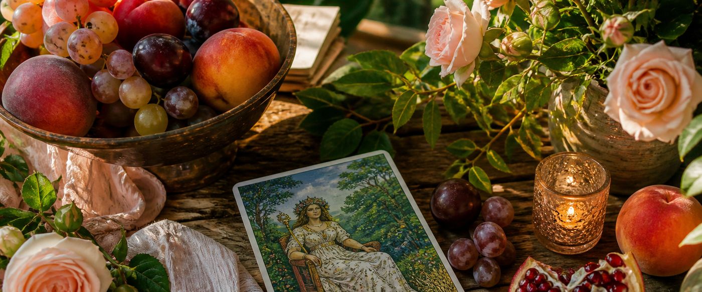 Fiori, frutta e carta dei tarocchi in luce calda