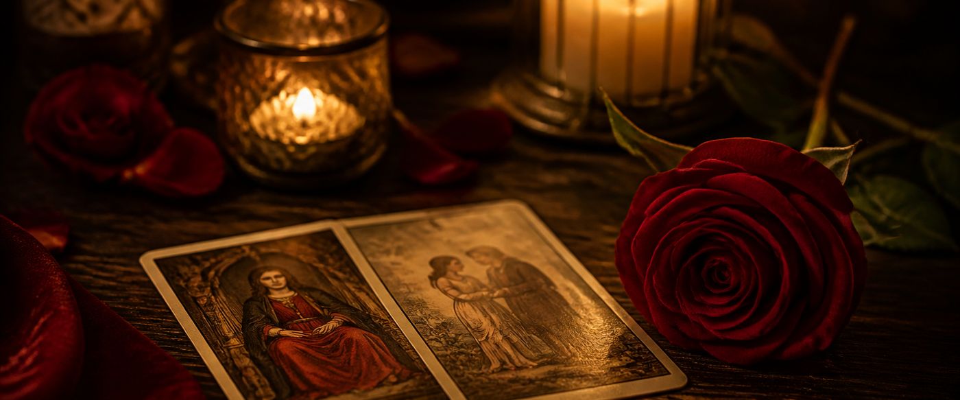 Rosa e carte dei tarocchi alla luce di una candela